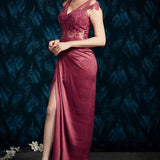 Wine Embroidered Draped Gown