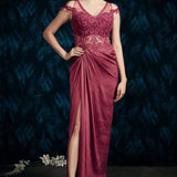 Wine Embroidered Draped Gown