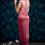 Wine Embroidered Draped Gown