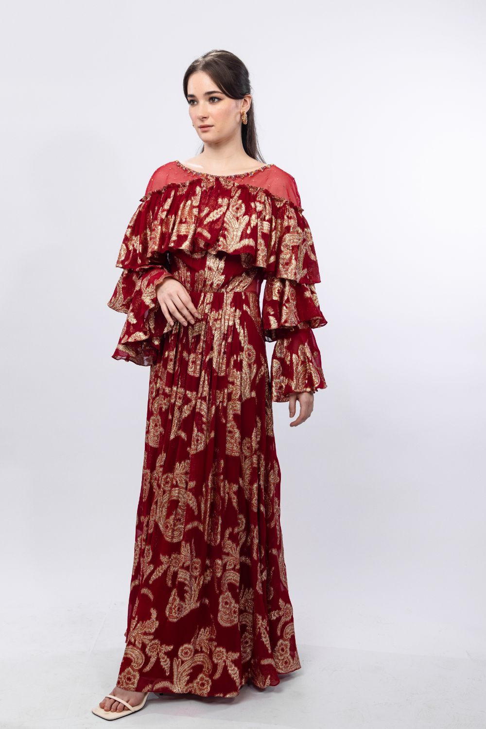 Radiant Red Brasso Ruffled Shoulder Maxi dress