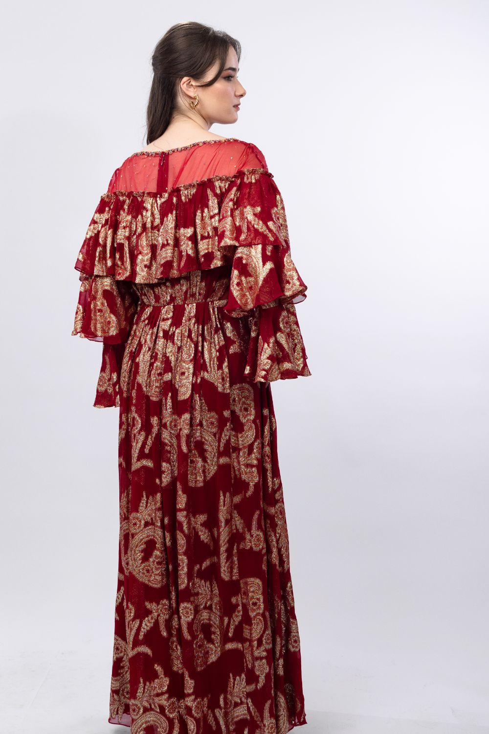 Radiant Red Brasso Ruffled Shoulder Maxi dress