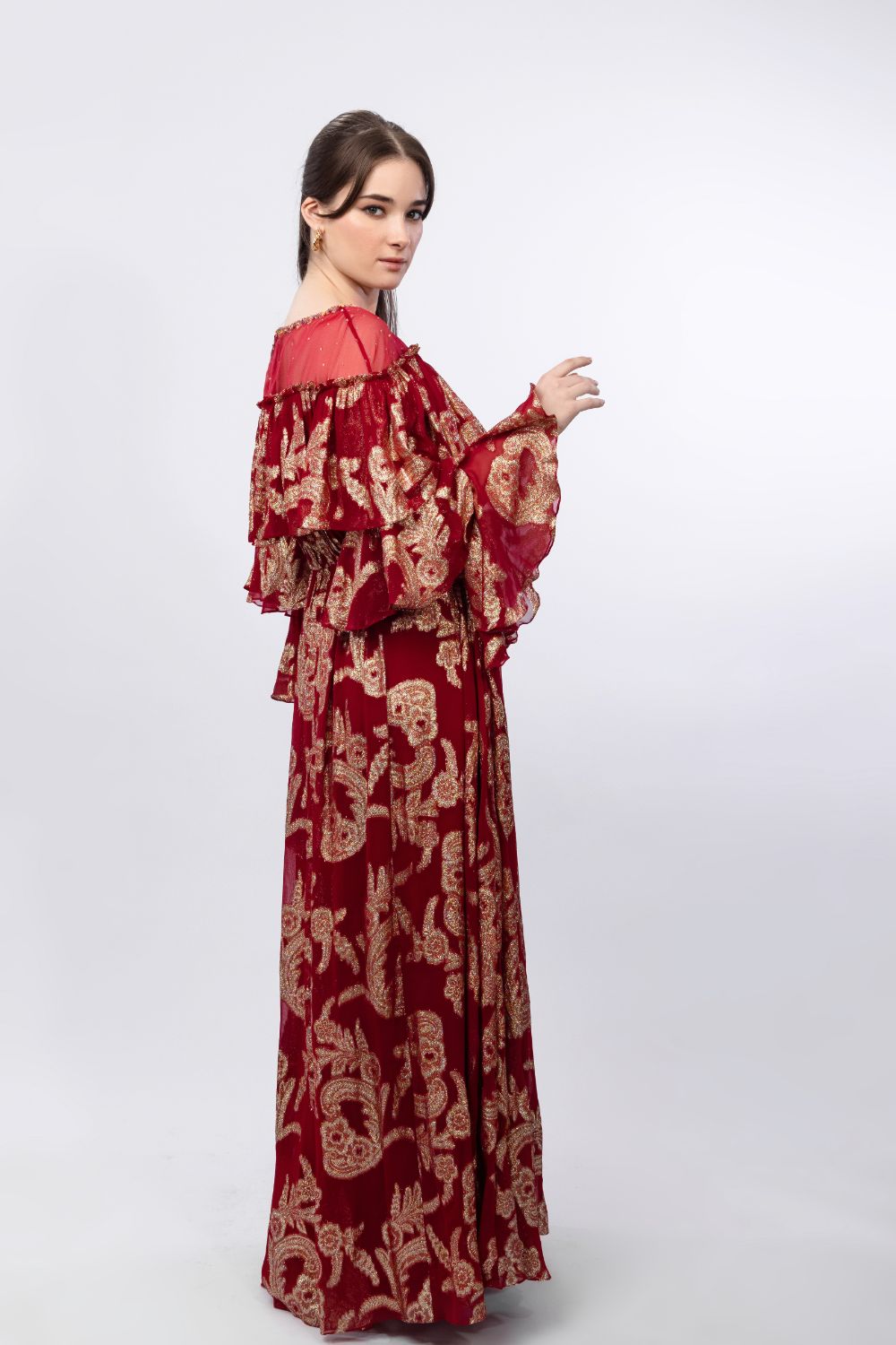 Radiant Red Brasso Ruffled Shoulder Maxi dress