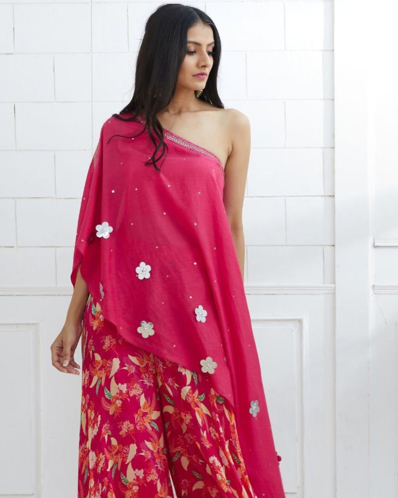 D.fuchsia A-symmetric Embroidered Tunic With Printed Skirt