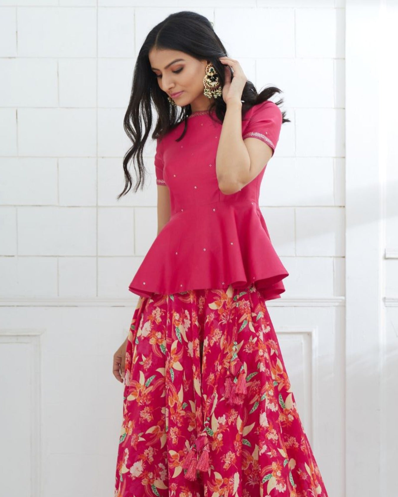 Fuchsia Embroidered Peplum With Printed Lehenga