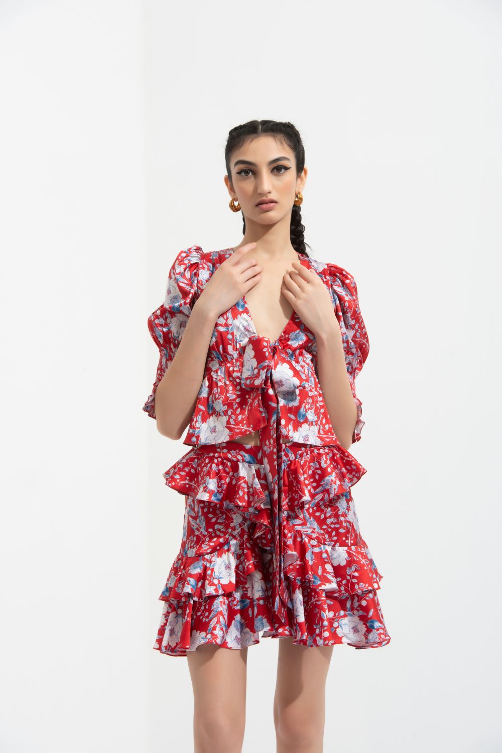 Ajisia Printed Front Tie Up Top With Smocking Cuff Detail, Paired With Printed Skirt #RTS