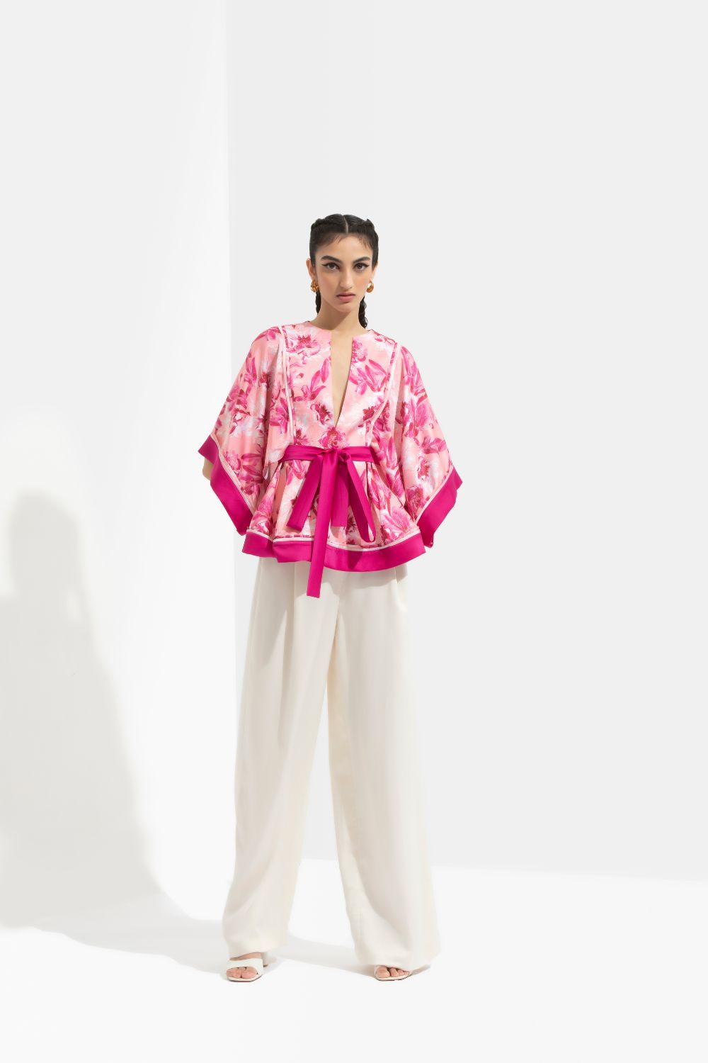 Sakura Printed Peplum Top With Kimono Sleeves Paired With Ivory Pants #RTS