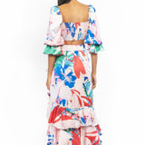 Satin Printed Ruched Top With High Low Skirt