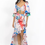 Satin Printed Ruched Top With High Low Skirt