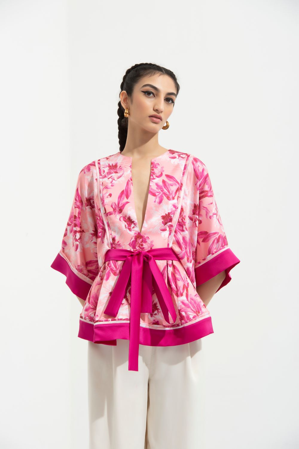 Sakura Printed Peplum Top With Kimono Sleeves Paired With Ivory Pants #RTS