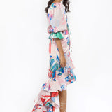 Satin Printed Ruched Top With High Low Skirt