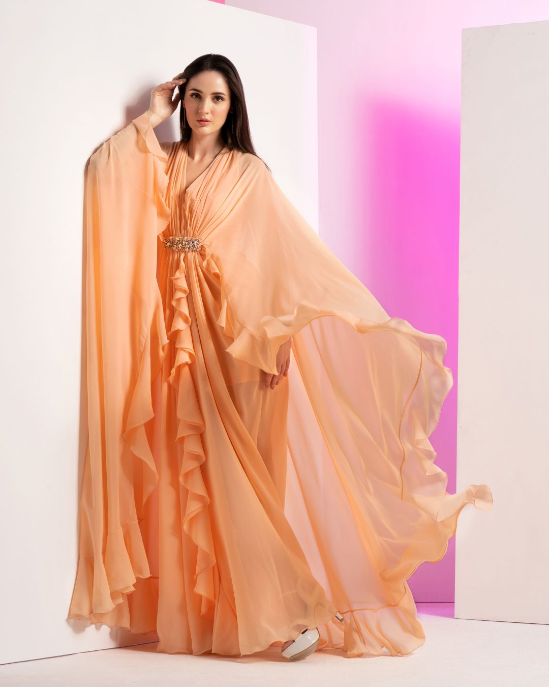 Salmon Pink Pleated Frilled Cape Gown