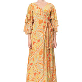 Ochre Yellow Geometric Floral Printed Long Dress