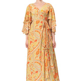 Ochre Yellow Geometric Floral Printed Long Dress