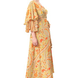 Ochre Yellow Geometric Floral Printed Long Dress