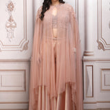 Blush Peach Co-ord Ensemble With Embroidered Blouse And Cape
