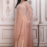 Blush Peach Co-ord Ensemble With Embroidered Blouse And Cape