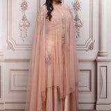 Blush Peach Co-ord Ensemble With Embroidered Blouse And Cape