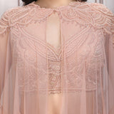Blush Peach Co-ord Ensemble With Embroidered Blouse And Cape