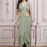 Sage Green Pre- Draped Saree With Embroidered Blouse