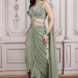 Sage Green Pre- Draped Saree With Embroidered Blouse