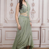 Sage Green Pre- Draped Saree With Embroidered Blouse