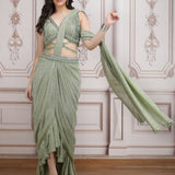 Sage Green Pre- Draped Saree With Embroidered Blouse
