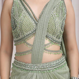 Sage Green Pre- Draped Saree With Embroidered Blouse