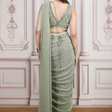 Sage Green Pre- Draped Saree With Embroidered Blouse