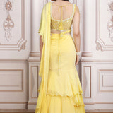 Soft Yellow Layered Lehenga Set With Embroidered Blouse