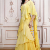 Soft Yellow Layered Lehenga Set With Embroidered Blouse