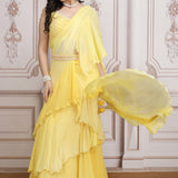 Soft Yellow Layered Lehenga Set With Embroidered Blouse