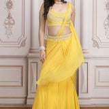 Yellow Drape Saree With Pearl Blouse