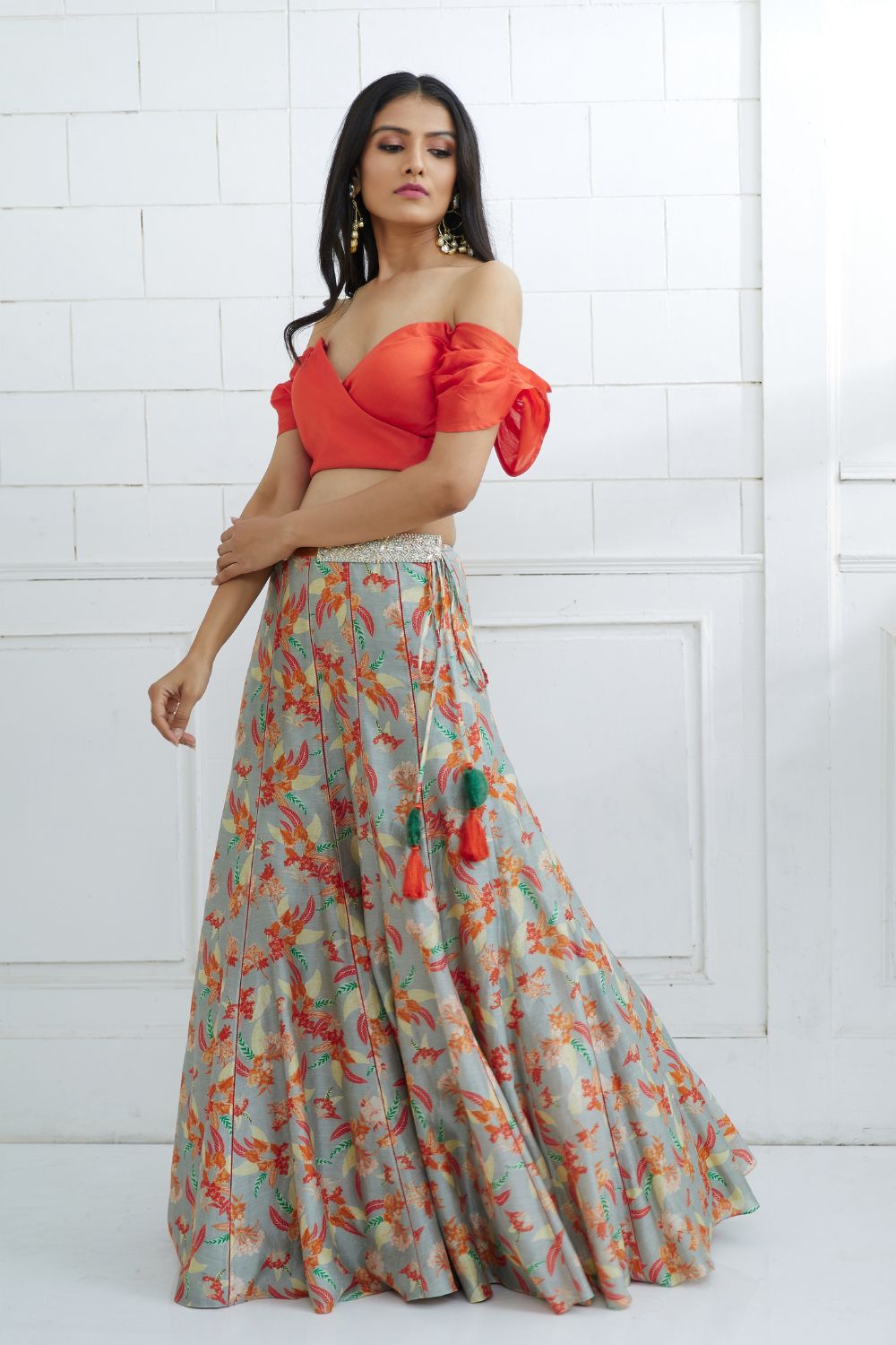 Orange Off Shoulder Blouse With Printed Lehenga for women by