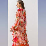 Chiffon Coral Printed Tiered Dress