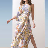 Satin Yellow Multi Printed One Shoulder Kaftan