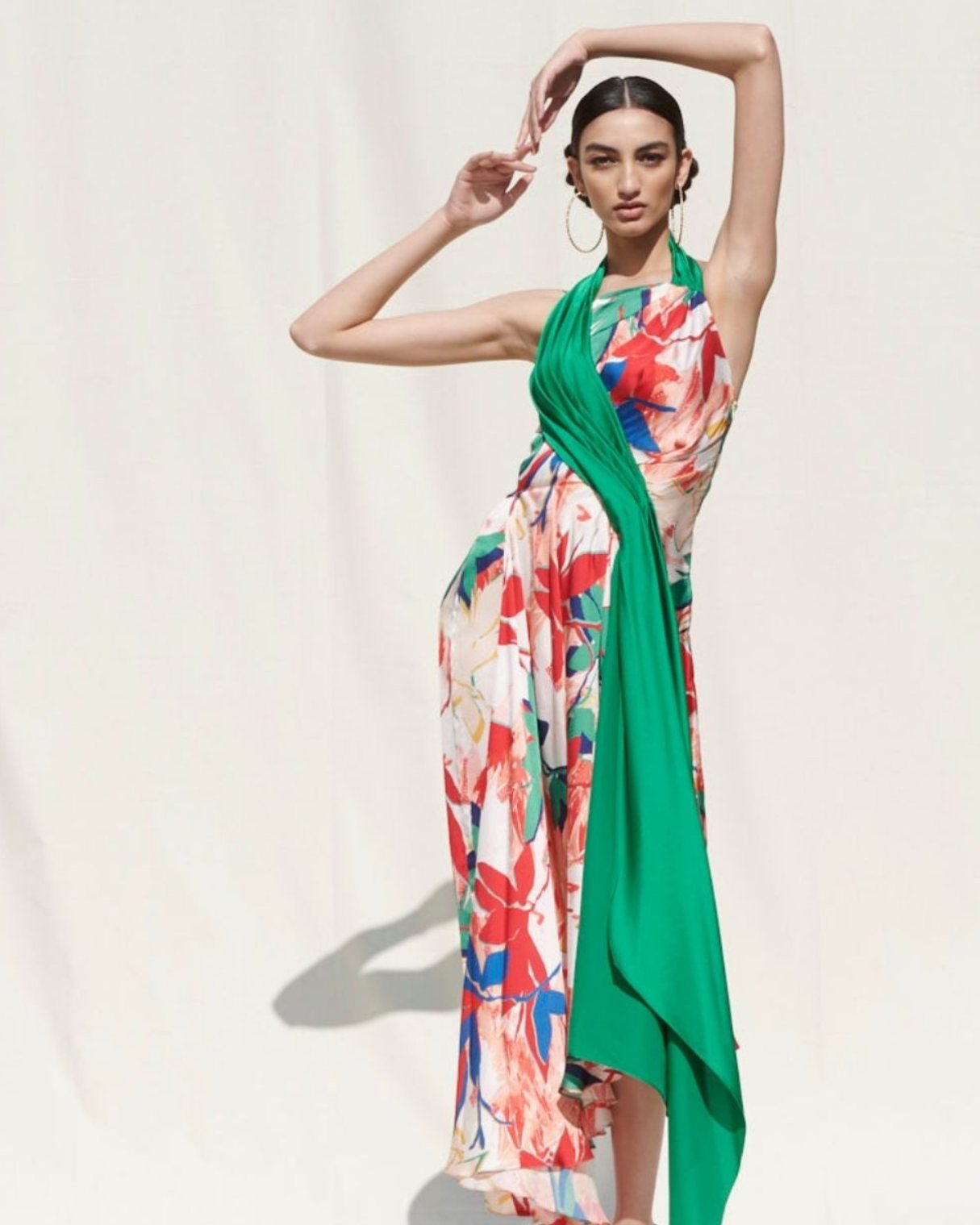 Assymetrical Drape Dress With A Green Solid Drape On Its One Side