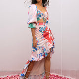 Satin Printed Ruched Top With High Low Skirt