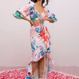 Satin Printed Ruched Top With High Low Skirt