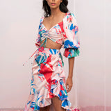 Satin Printed Ruched Top With High Low Skirt