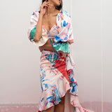Satin Printed Ruched Top With High Low Skirt