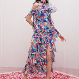 Blue One Shoulder Layered Maxi Dress