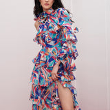 Blue One Shoulder Layered Maxi Dress