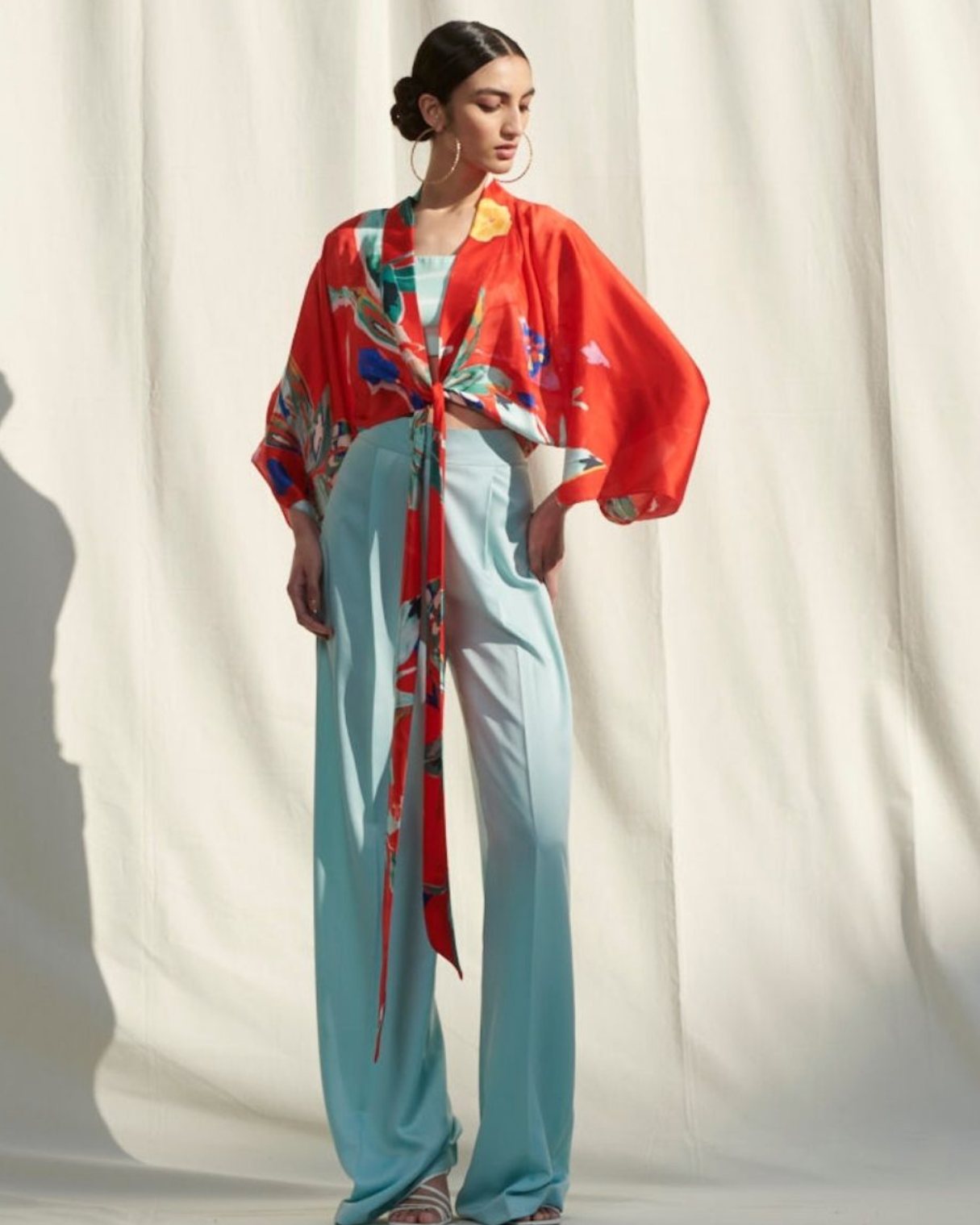 Kaftan Top Paired With A Printed Camisol And A Satin Pants