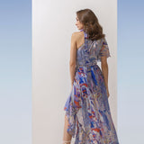Chiffon Blue Printed Asymmetric Fall Dress