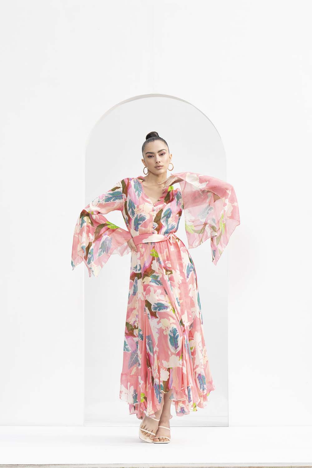 Peach Tropical Chiffon Dress with Godets & Ruffled Neckline #RTS