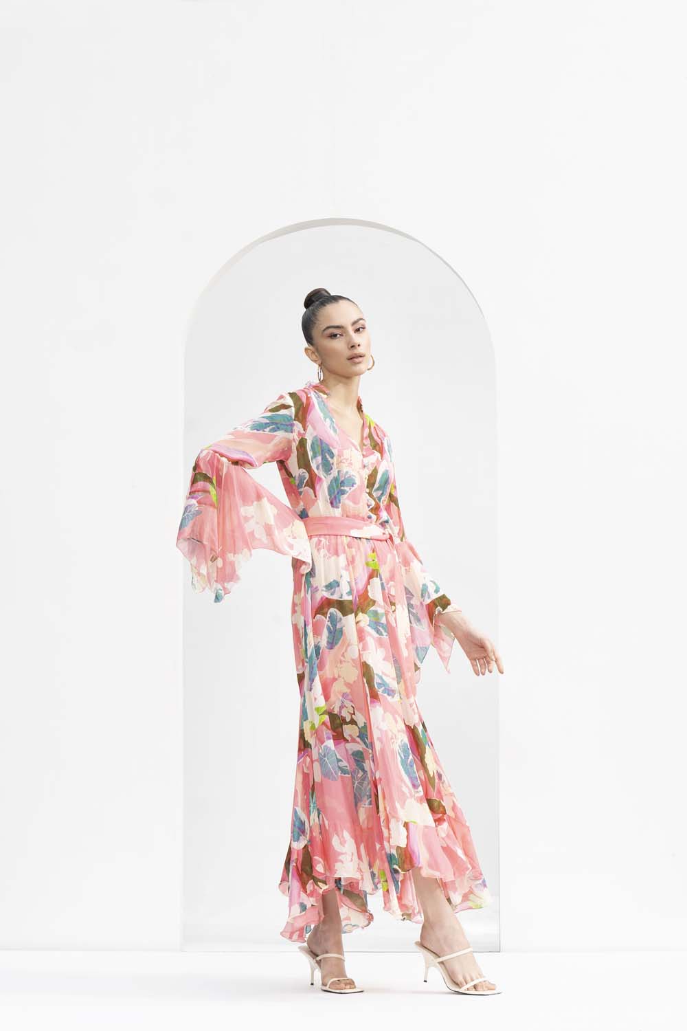 Peach Tropical Chiffon Dress with Godets & Ruffled Neckline #RTS