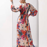 Ivory printed chiffon slit dress