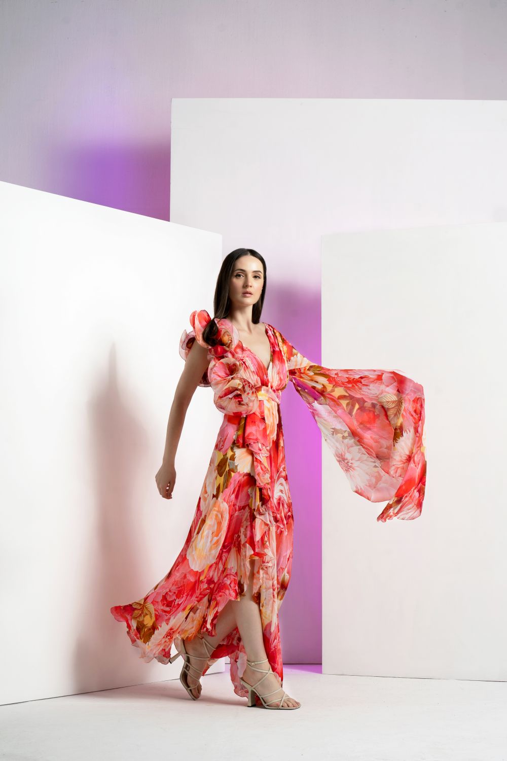 Ultra Peony Corsage Pleated Maxi Dress