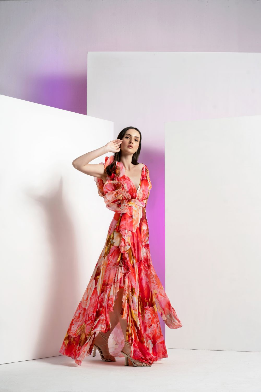 Ultra Peony Corsage Pleated Maxi Dress