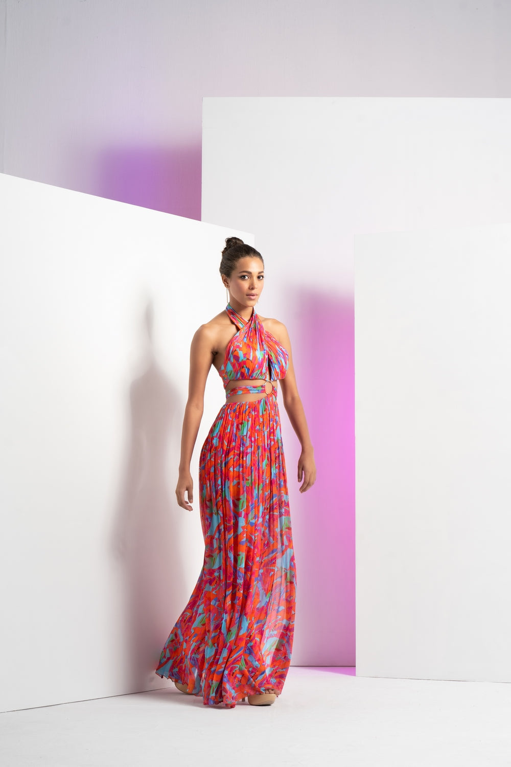 Multi printed mesh dress with halter neck and ring detail